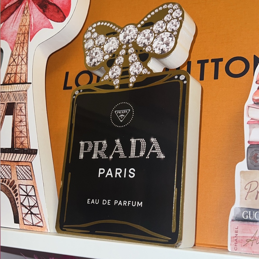 Prada Inspo Perfume Bottle Decor | Black & Gold Glam Closet Plaque Display